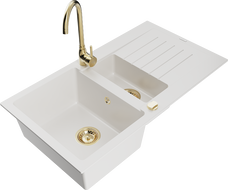 Mexen Matias žulový dřez 1,5-komorový s odkapávačem a kuchyňskou baterií Telma, bílý - 6502-20-670200-50