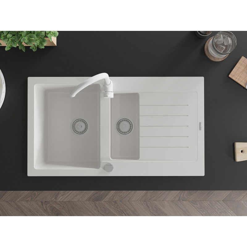 Mexen Matias granitový dřez s 1,5 komorami a odkapávačem a kuchyňskou baterií Telma, bílý - 6502-20-670200-20