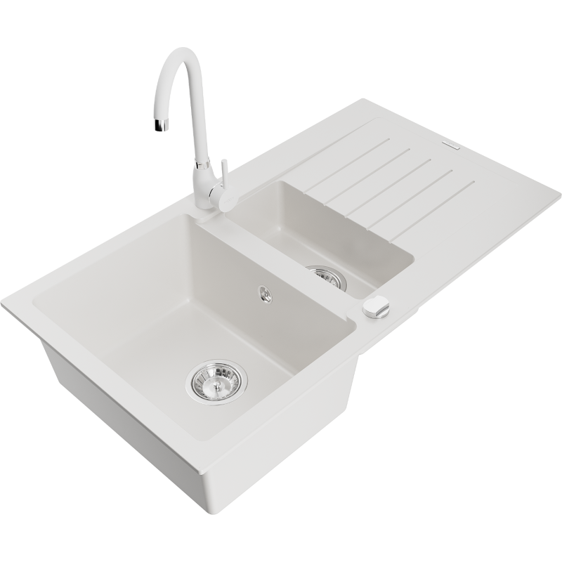 Mexen Matias granitový dřez s 1,5 komorami a odkapávačem a kuchyňskou baterií Telma, bílý - 6502-20-670200-20