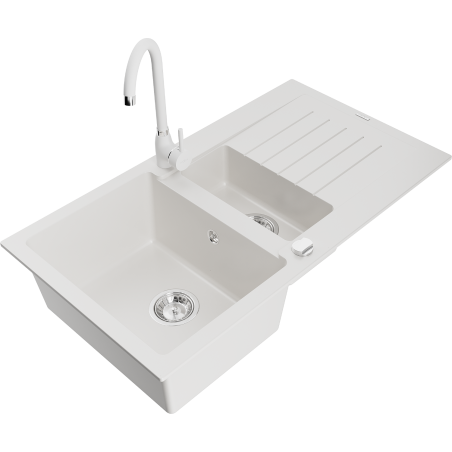 Mexen Matias granitový dřez s 1,5 komorami a odkapávačem a kuchyňskou baterií Telma, bílý - 6502-20-670200-20