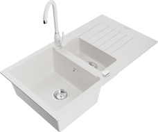 Mexen Matias granitový dřez s 1,5 komorami a odkapávačem a kuchyňskou baterií Telma, bílý - 6502-20-670200-20