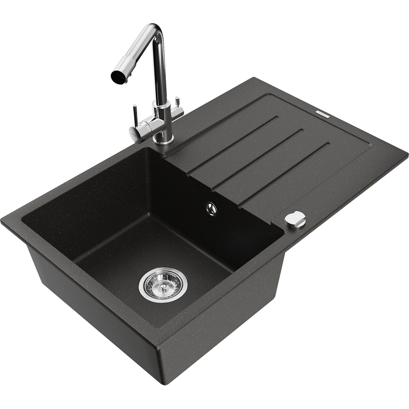 Mexen Bruno granitový dřez 1-komorový s odkapávačem a kuchyňskou baterií Duero, černý/zlatý metalický - 6513-75-671600-00