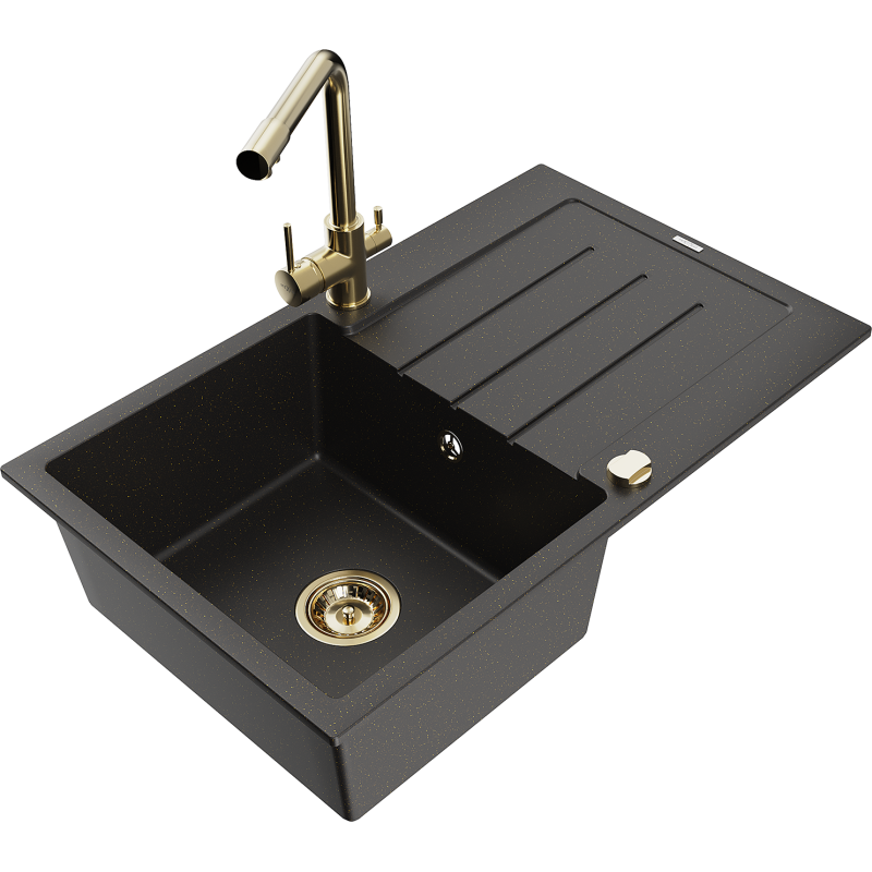Mexen Bruno granitový dřez 1-komorový s odkapávačem a kuchyňskou baterií Duero, černý/zlatý metalik - 6513-75-671600-50
