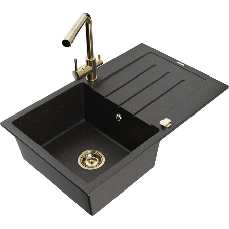 Mexen Bruno granitový dřez 1-komorový s odkapávačem a kuchyňskou baterií Duero, černý/zlatý metalik - 6513-75-671600-50