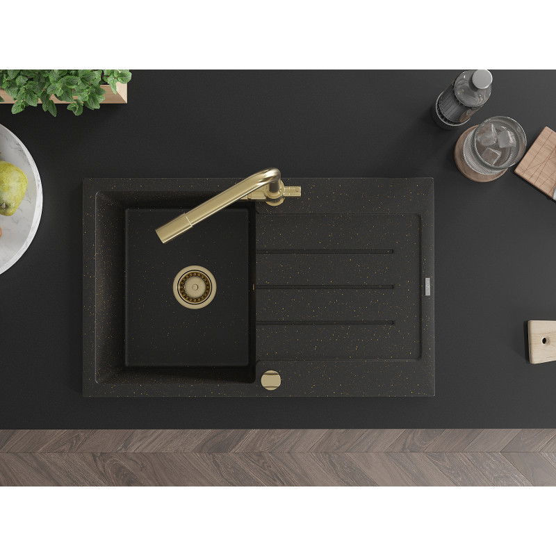 Mexen Bruno granitový dřez 1-komorový s odkapávačem a kuchyňskou baterií Duero, černý/zlatý metalik - 6513-75-671600-50