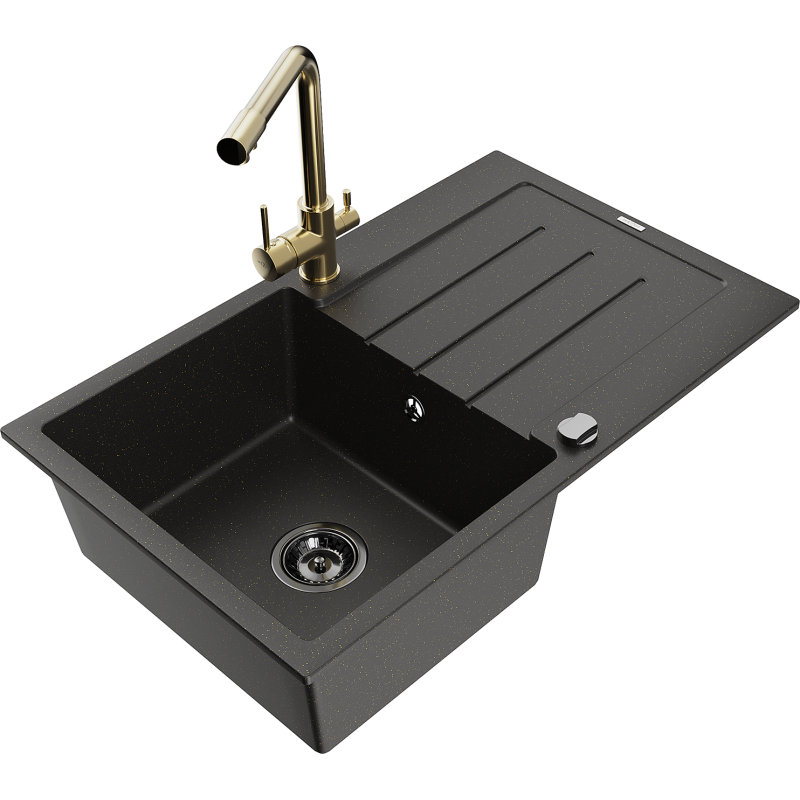Mexen Bruno žulový dřez s jednou komorou s odtokem a kuchyňskou baterií Duero, černý/zlatý metalický - 6513-75-671600-50-B