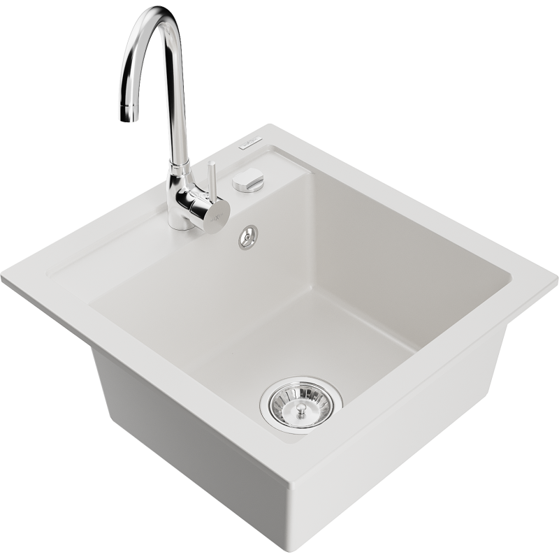 Mexen Vito granitový dřez s 1 komorou a kuchyňskou baterií Telma, bílý - 6503-20-670200-00