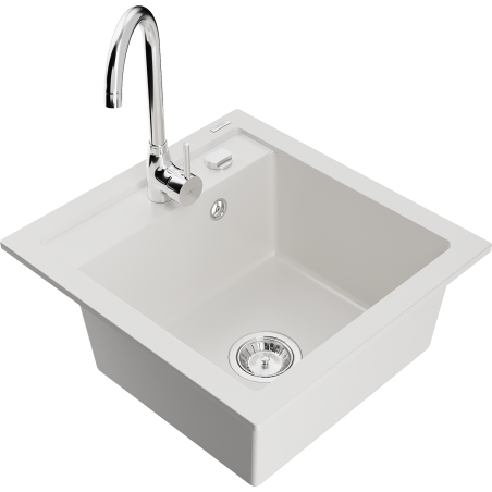Mexen Vito granitový dřez s 1 komorou a kuchyňskou baterií Telma, bílý - 6503-20-670200-00