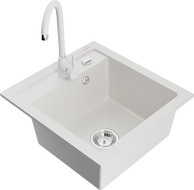 Mexen Vito granitový dřez s 1 komorou a kuchyňskou baterií Telma, bílý - 6503-20-670200-20