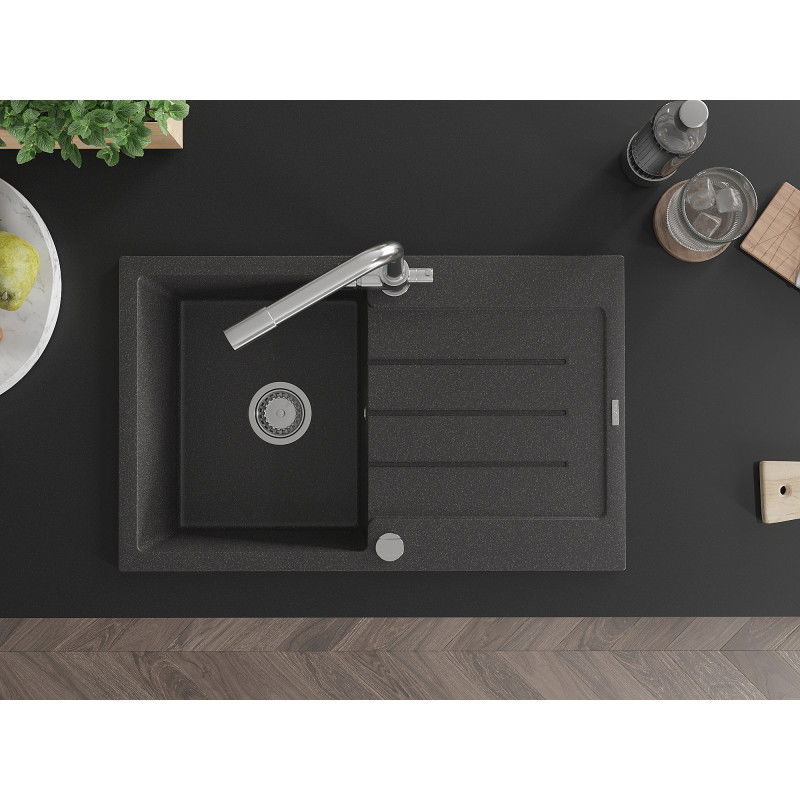 Mexen Bruno granitový dřez 1-komorový s odkapávačem a kuchyňskou baterií Duero, černý skvrnitý - 6513-76-671600-00