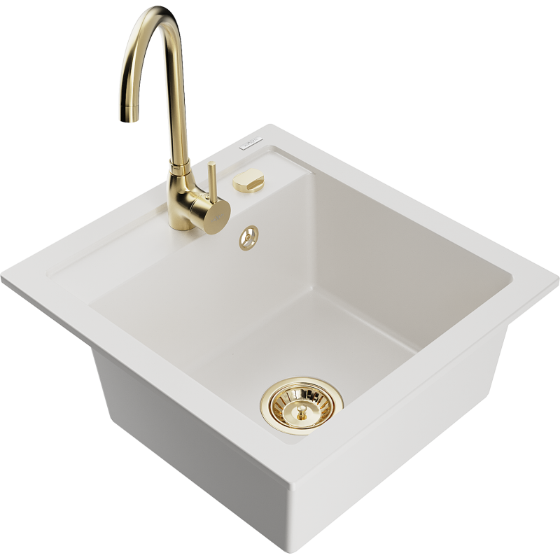 Mexen Vito granitový dřez 1-komorový s kuchyňskou baterií Telma, bílý - 6503-20-670200-50