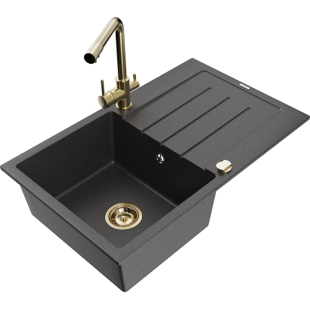 Mexen Bruno granitový dřez 1-komorový s odkapávačem a kuchyňskou baterií Duero, černý tečkovaný - 6513-76-671600-50