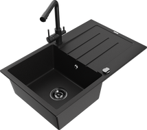 Mexen Bruno granitový dřez 1-komorový s odkapávačem a kuchyňskou baterií Duero, černý - 6513-77-671600-70-B