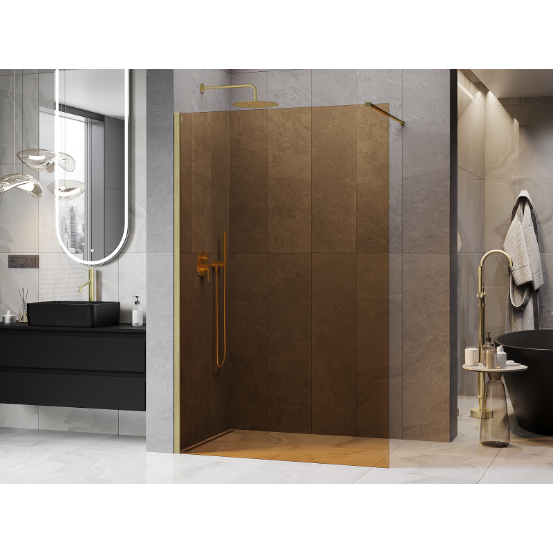 Mexen Kioto sprchová stěna Walk-in 130 x 200 cm, bronz 8 mm, zlatý kartáčovaný - 800-130-101-55-32