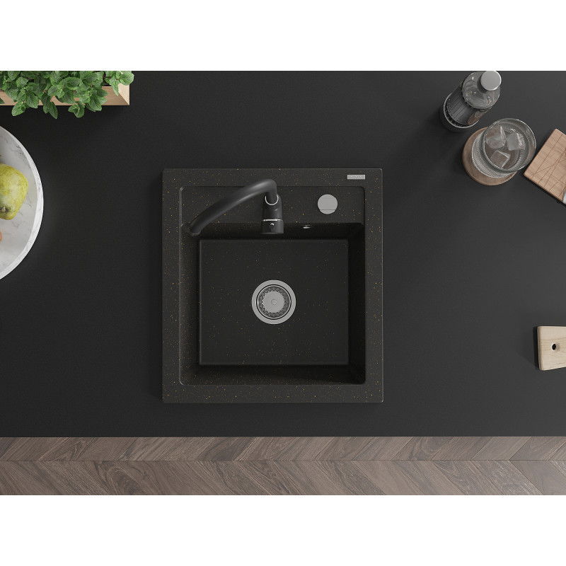 Mexen Vito granitový dřez 1-komorový s kuchyňskou baterií Telma, černý/zlatý metalik - 6503-75-670200-70
