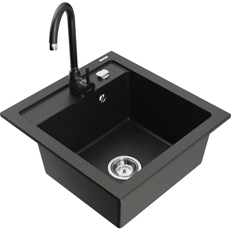 Mexen Vito granitový dřez 1-komorový s kuchyňskou baterií Telma, černý/zlatý metalik - 6503-75-670200-70