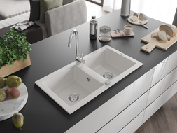 Mexen Mario granitový dřez 2-komorový s kuchyňskou baterií Telma, bílý - 6504-20-670200-00