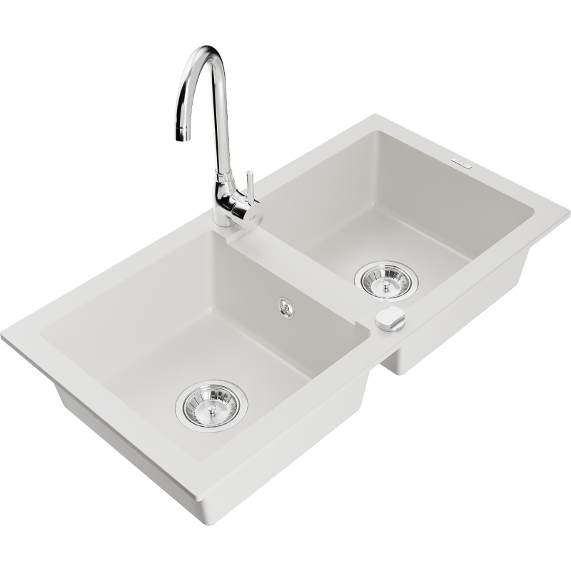 Mexen Mario granitový dřez 2-komorový s kuchyňskou baterií Telma, bílý - 6504-20-670200-00