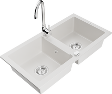 Mexen Mario granitový dřez 2-komorový s kuchyňskou baterií Telma, bílý - 6504-20-670200-00