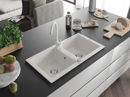 Mexen Mario granitový dřez 2-komorový s kuchyňskou baterií Telma, bílý - 6504-20-670200-20