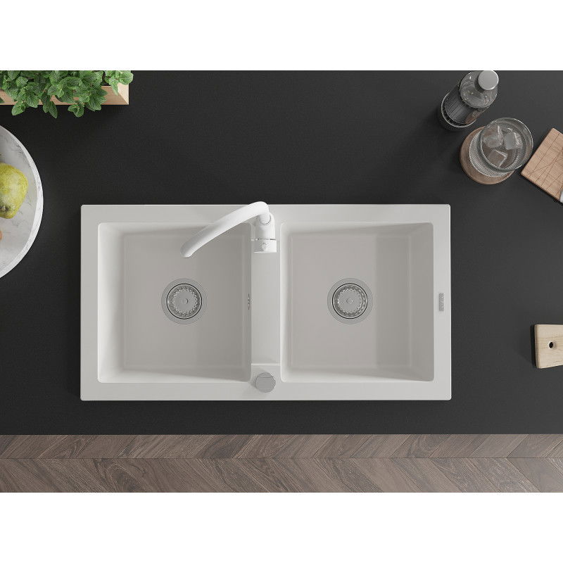 Mexen Mario granitový dřez 2-komorový s kuchyňskou baterií Telma, bílý - 6504-20-670200-20