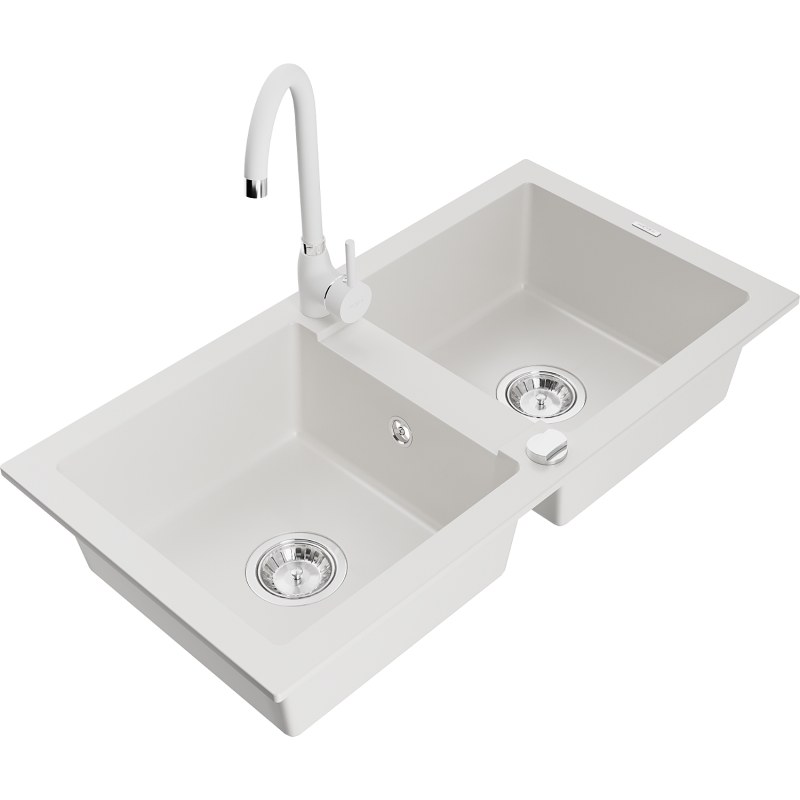 Mexen Mario granitový dřez 2-komorový s kuchyňskou baterií Telma, bílý - 6504-20-670200-20