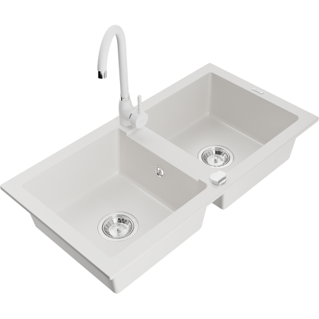 Mexen Mario granitový dřez 2-komorový s kuchyňskou baterií Telma, bílý - 6504-20-670200-20
