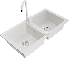 Mexen Mario granitový dřez 2-komorový s kuchyňskou baterií Telma, bílý - 6504-20-670200-20