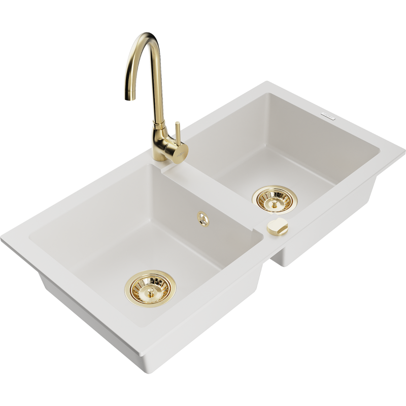 Mexen Mario dvoukomorový granitový dřez s kuchyňskou baterií Telma, bílý - 6504-20-670200-50