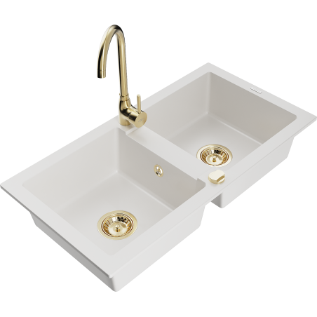 Mexen Mario dvoukomorový granitový dřez s kuchyňskou baterií Telma, bílý - 6504-20-670200-50
