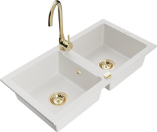 Mexen Mario dvoukomorový granitový dřez s kuchyňskou baterií Telma, bílý - 6504-20-670200-50