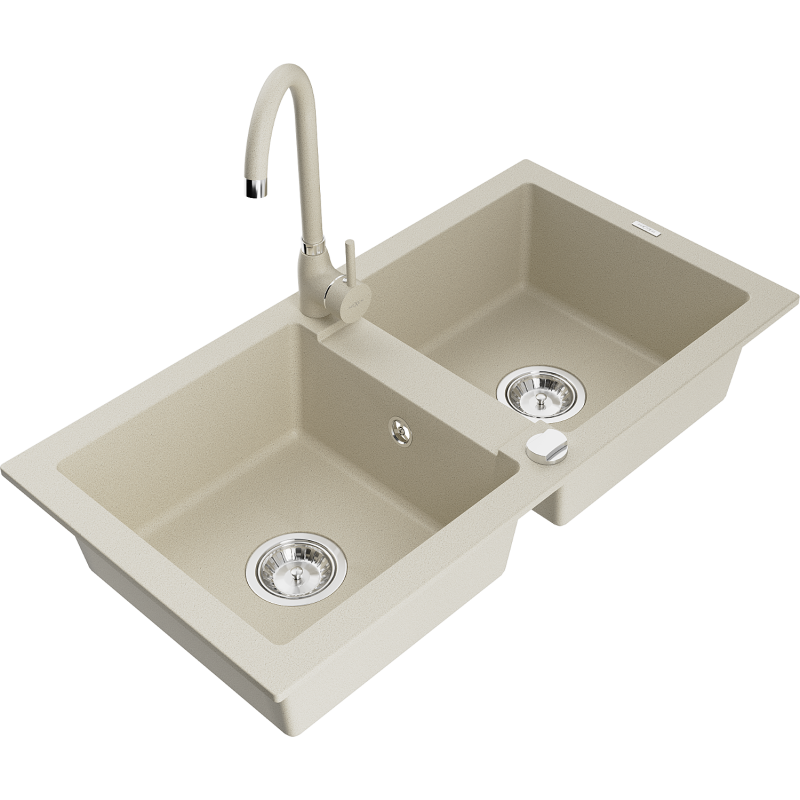 Mexen Mario dřez granitový 2-komorový s kuchyňskou baterií Telma, béžový - 6504-69-670200-69