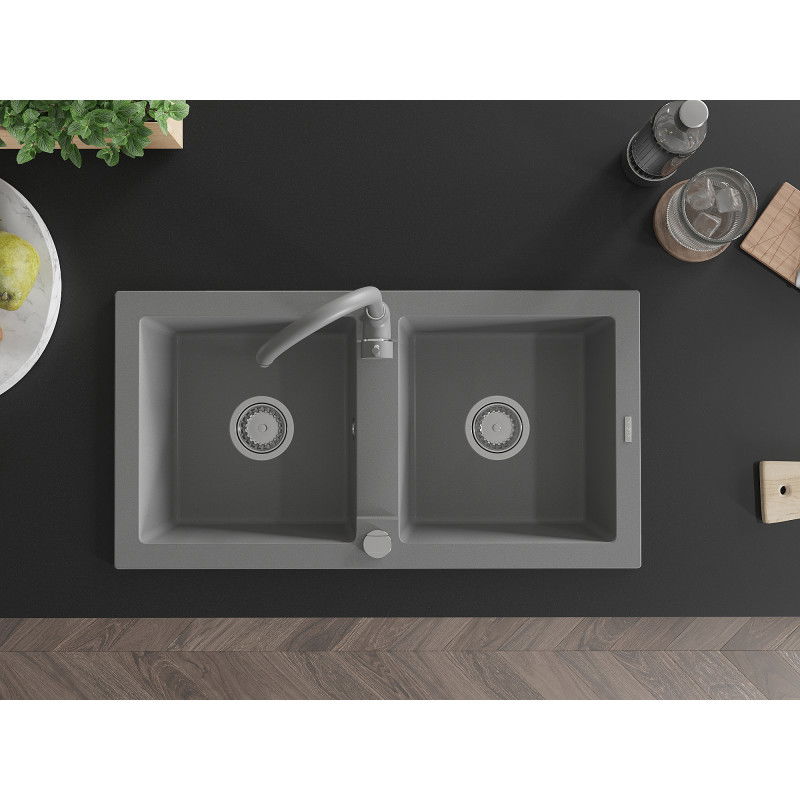 Mexen Mario dvoukomorový granitový dřez s kuchyňskou baterií Telma, šedý - 6504-71-670200-71