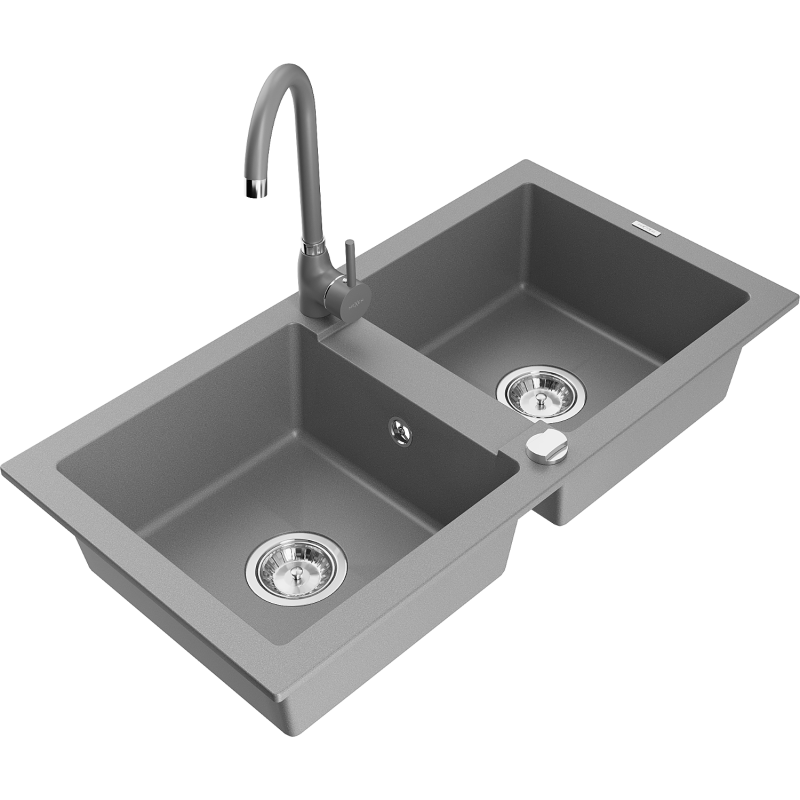Mexen Mario dvoukomorový granitový dřez s kuchyňskou baterií Telma, šedý - 6504-71-670200-71