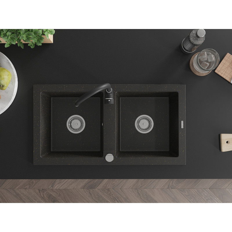 Mexen Mario granitový dřez 2-komorový s kuchyňskou baterií Telma, černá/zlatá - 6504-75-670200-70