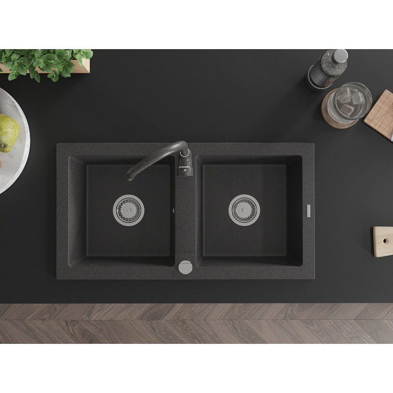 Mexen Mario dřez granitový 2-komorový s kuchyňskou baterií Telma, černý tečkovaný - 6504-76-670200-76