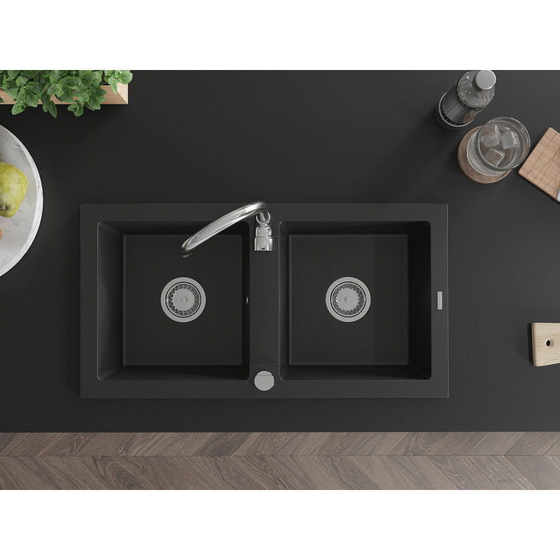 Mexen Mario granitový dřez 2-komorový s kuchyňskou baterií Telma, černý - 6504-77-670200-00