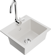 Mexen Milo žulový kuchyňský dřez s 1 komorou a kuchyňskou baterií Telma, bílý - 6505-20-670200-00