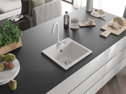 Mexen Milo granitový dřez s 1 komorou a kuchyňskou baterií Telma, bílý - 6505-20-670200-20