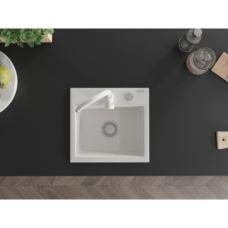 Mexen Milo granitový dřez s 1 komorou a kuchyňskou baterií Telma, bílý - 6505-20-670200-20