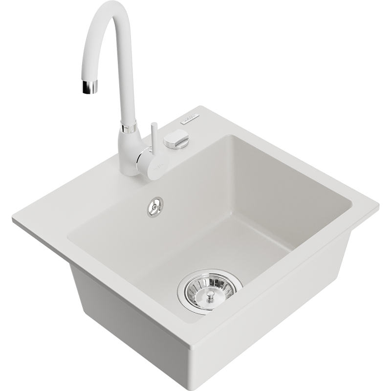 Mexen Milo granitový dřez s 1 komorou a kuchyňskou baterií Telma, bílý - 6505-20-670200-20