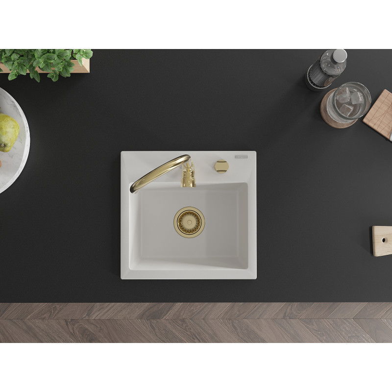 Mexen Milo granitový dřez 1-komorový s kuchyňskou baterií Telma, bílý - 6505-20-670200-50