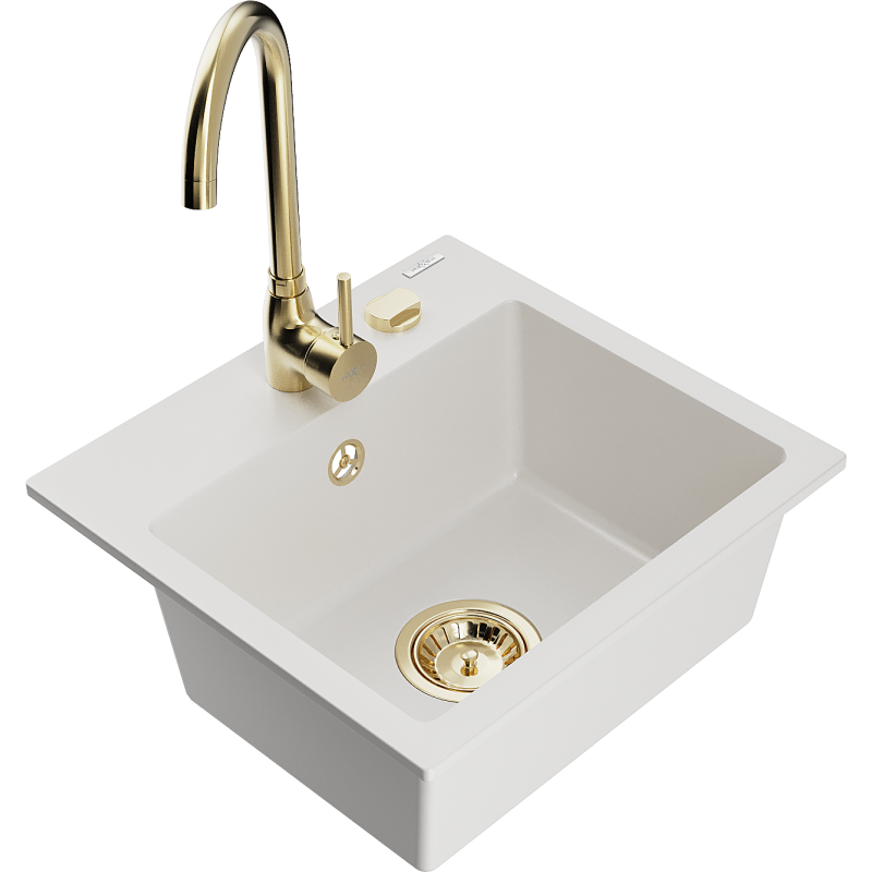 Mexen Milo granitový dřez 1-komorový s kuchyňskou baterií Telma, bílý - 6505-20-670200-50