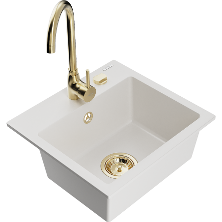 Mexen Milo granitový dřez 1-komorový s kuchyňskou baterií Telma, bílý - 6505-20-670200-50