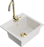 Mexen Milo granitový dřez 1-komorový s kuchyňskou baterií Telma, bílý - 6505-20-670200-50