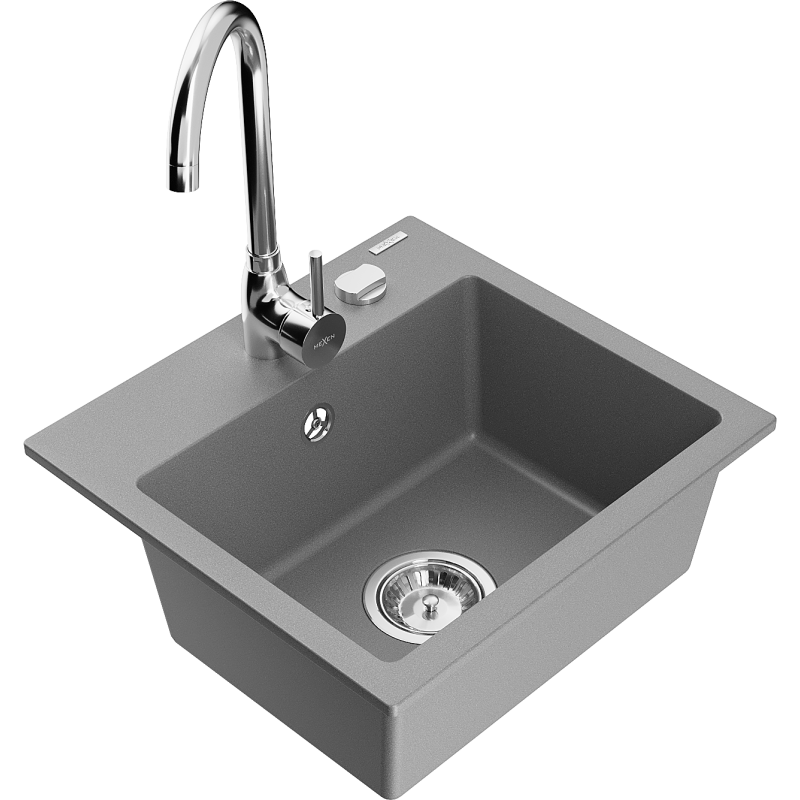 Mexen Milo granitový dřez 1-komorový s kuchyňskou baterií Telma, šedý - 6505-71-670200-00