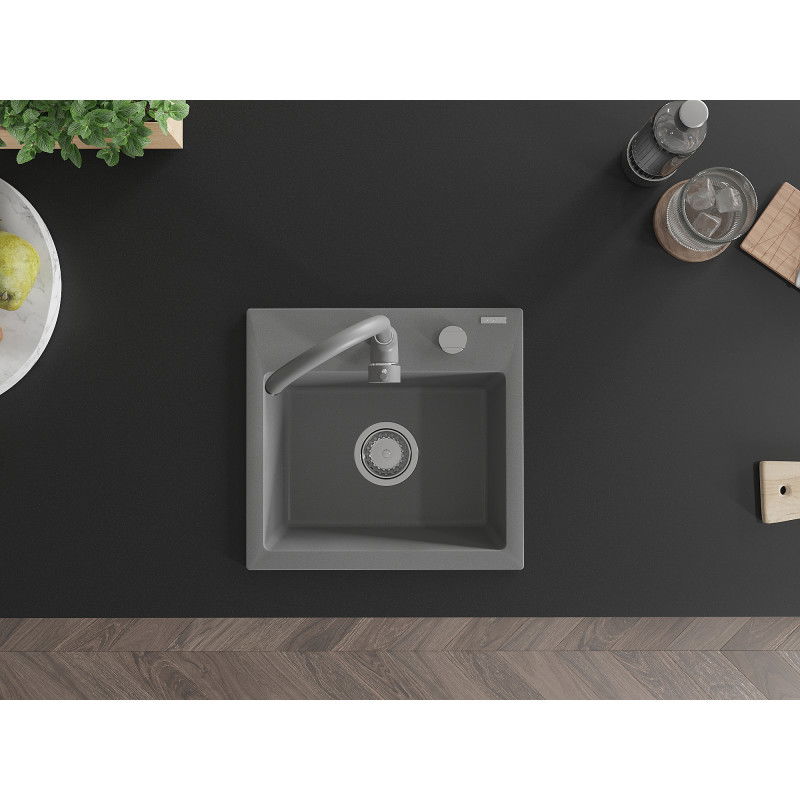 Mexen Milo granitový dřez s 1 komorou s kuchyňskou baterií Telma, šedý - 6505-71-670200-71