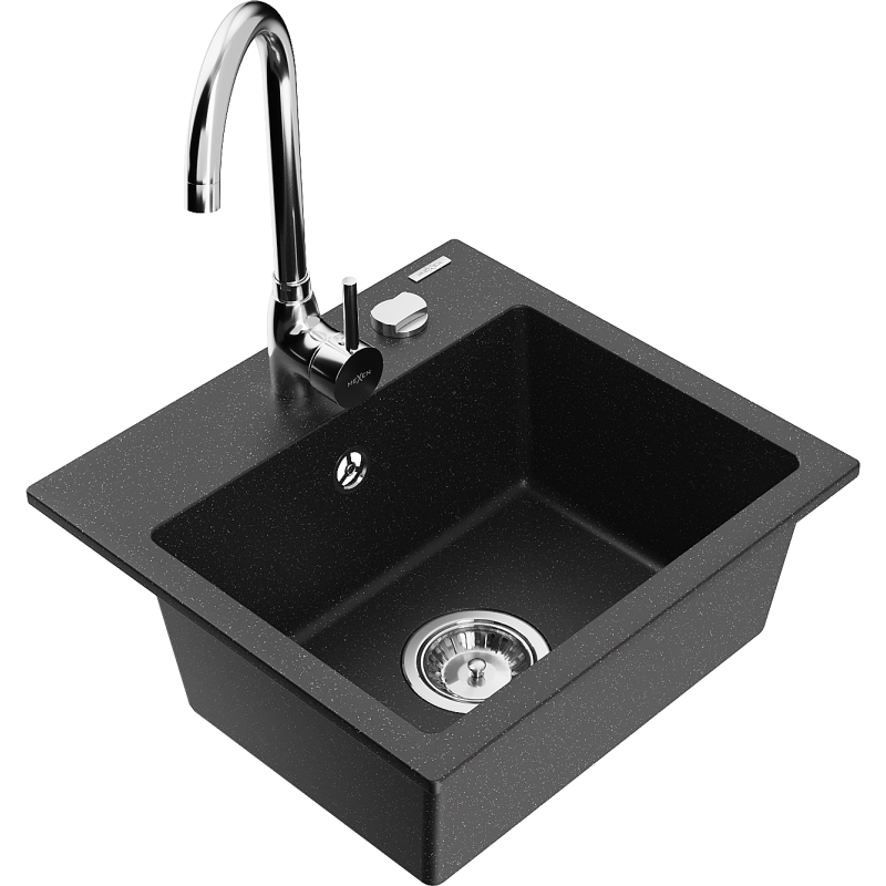Mexen Milo granitový jednodřez s kuchyňskou baterií Telma, černý/stříbrný - 6505-73-670200-00