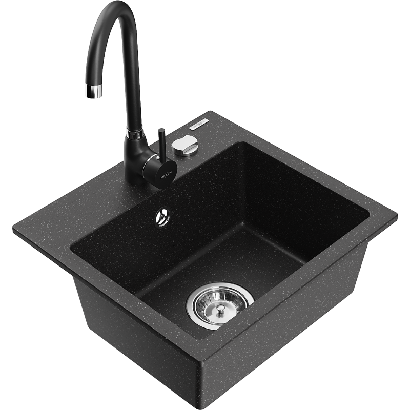 Mexen Milo granitový dřez 1-komorový s kuchyňskou baterií Telma, černý/stříbrný - 6505-73-670200-70