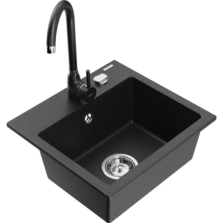 Mexen Milo granitový dřez 1-komorový s kuchyňskou baterií Telma, černý/stříbrný - 6505-73-670200-70